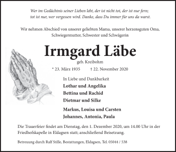 Traueranzeige von Irmgard Läbe von Neue Deister-Zeitung
