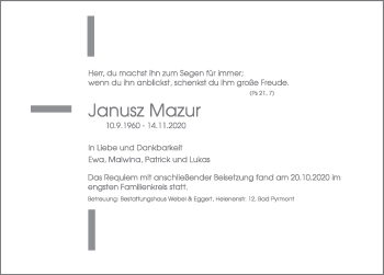 Traueranzeige von Janusz Mazur von Deister- und Weserzeitung