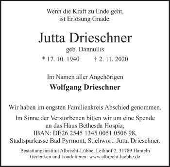 Traueranzeige von Jutta Drieschner von Deister- und Weserzeitung