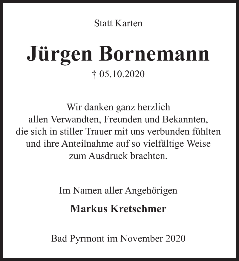 Traueranzeige für Jürgen Bornemann vom 04.11.2020 aus Deister- und Weserzeitung
