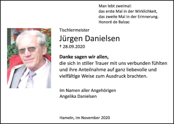 Traueranzeige von Jürgen Danielsen von Deister- und Weserzeitung