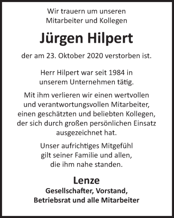 Traueranzeige von Jürgen Hilpert von Deister- und Weserzeitung