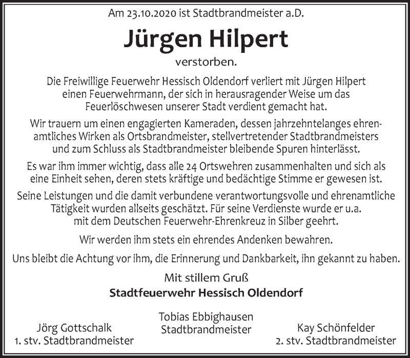  Traueranzeige für Jürgen Hilpert vom 07.11.2020 aus Deister- und Weserzeitung