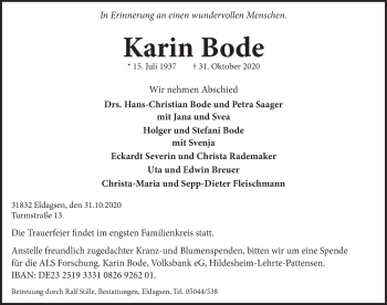 Traueranzeige von Karin Bode von Neue Deister-Zeitung