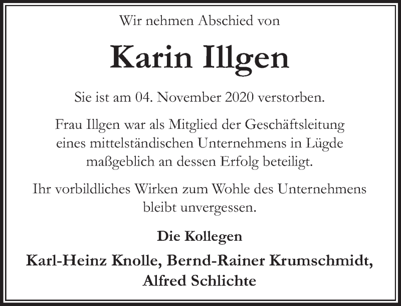  Traueranzeige für Karin Illgen vom 14.11.2020 aus Deister- und Weserzeitung