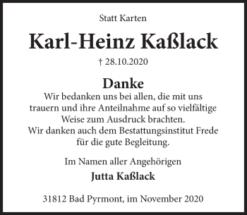 Traueranzeige von Karl-Heinz Kaßlack von Deister- und Weserzeitung