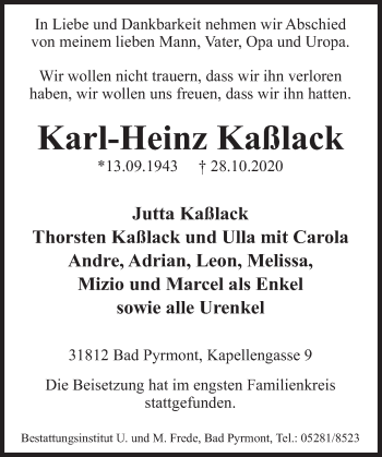 Traueranzeige von Karl-Heinz Kaßlack von Deister- und Weserzeitung
