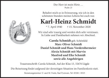 Traueranzeige von Karl-Heinz Schmidt von Deister- und Weserzeitung
