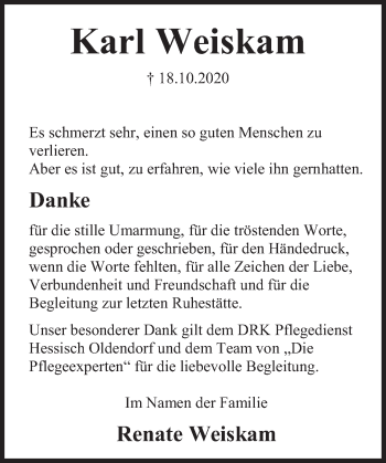 Traueranzeige von Karl Weiskam von Deister- und Weserzeitung