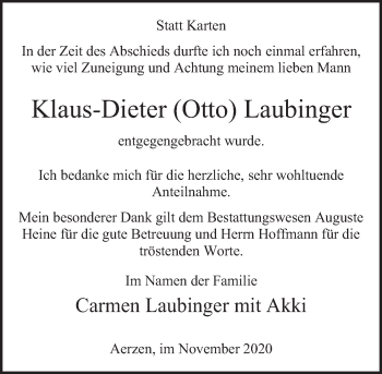 Traueranzeige von Klaus-Dieter  Laubinger von Deister- und Weserzeitung