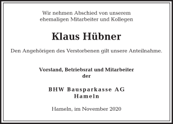 Traueranzeige von Klaus Hübner von Deister- und Weserzeitung
