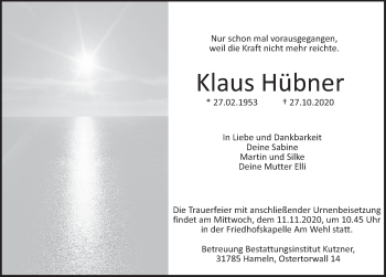 Traueranzeige von Klaus Hübner von Deister- und Weserzeitung