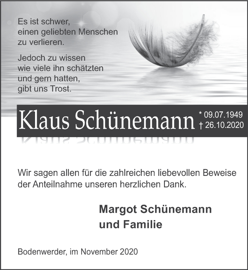  Traueranzeige für Klaus Schünemann vom 14.11.2020 aus Deister- und Weserzeitung