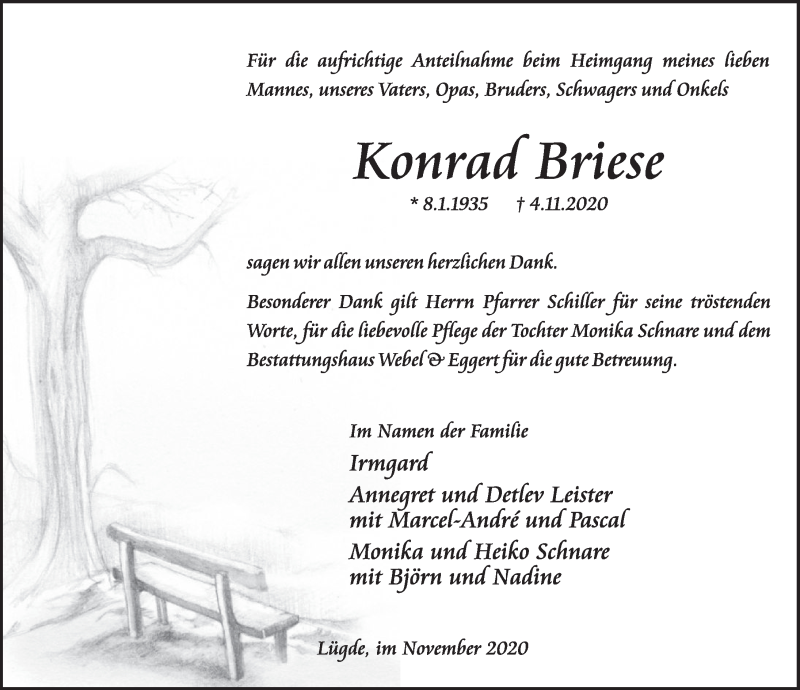  Traueranzeige für Konrad Briese vom 14.11.2020 aus Deister- und Weserzeitung
