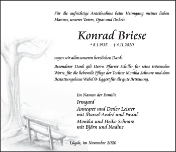 Traueranzeige von Kontrad Briese von Deister- und Weserzeitung