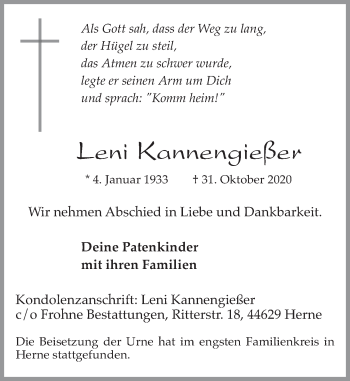 Traueranzeige von Leni Kannengießer von Deister- und Weserzeitung