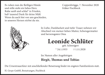 Traueranzeige von Leonide Schlüter von Deister- und Weserzeitung