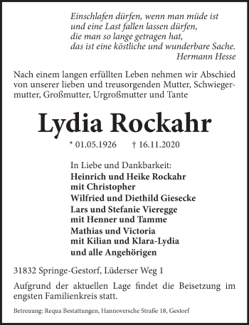 Traueranzeige von Lydia Rockahr von Neue Deister-Zeitung