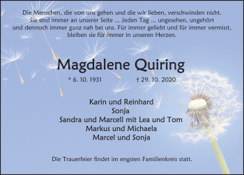 Traueranzeige von Magdalene Quiring von Deister- und Weserzeitung