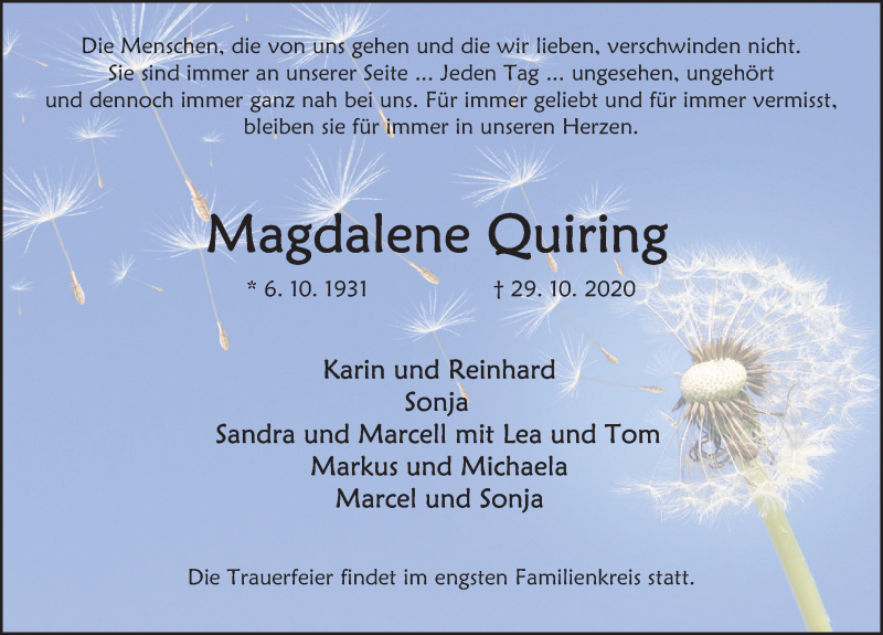  Traueranzeige für Magdalene Quiring vom 07.11.2020 aus Deister- und Weserzeitung