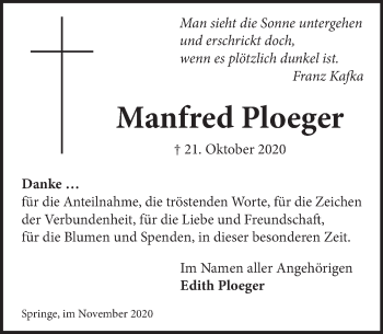 Traueranzeige von Manfred Ploeger von Neue Deister-Zeitung
