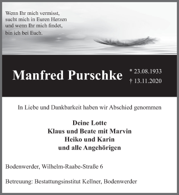 Traueranzeige von Manfred Purschke von Deister- und Weserzeitung