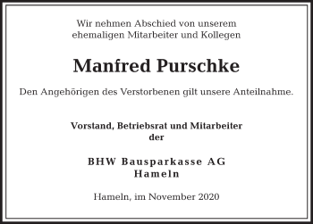 Traueranzeige von Manfred Purschke von Deister- und Weserzeitung