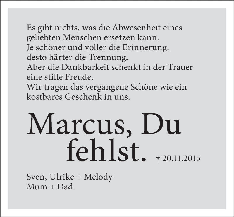  Traueranzeige für Marcus  vom 21.11.2020 aus Deister- und Weserzeitung