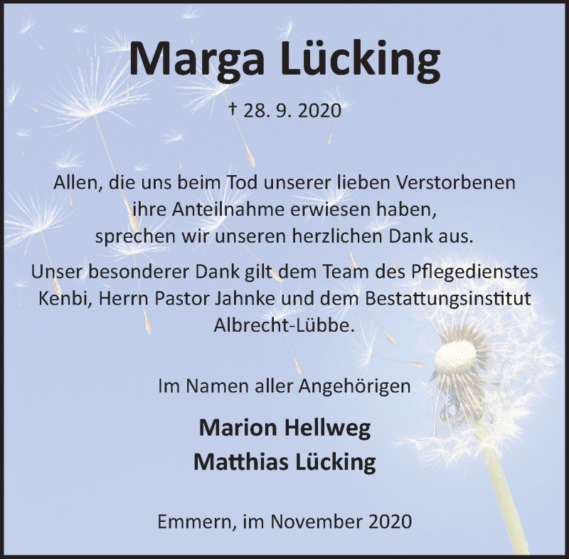  Traueranzeige für Marga Lücking vom 07.11.2020 aus Deister- und Weserzeitung