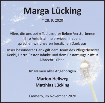 Traueranzeige von Marga Lücking von Deister- und Weserzeitung
