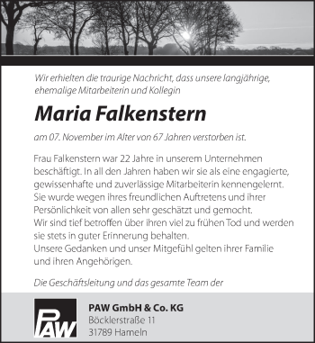 Traueranzeige von Maria Falkenstern von Deister- und Weserzeitung