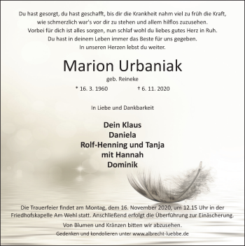 Traueranzeige von Marion Urbaniak von Deister- und Weserzeitung