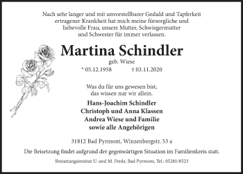 Traueranzeige von Martina Schindler von Deister- und Weserzeitung