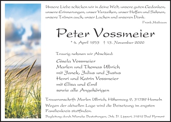 Traueranzeige von Peter Vossmeier von Deister- und Weserzeitung