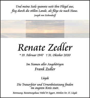Traueranzeige von Renate Zedler von Deister- und Weserzeitung