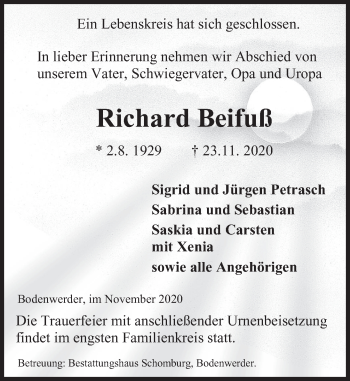 Traueranzeige von Richard Beifuß von Deister- und Weserzeitung