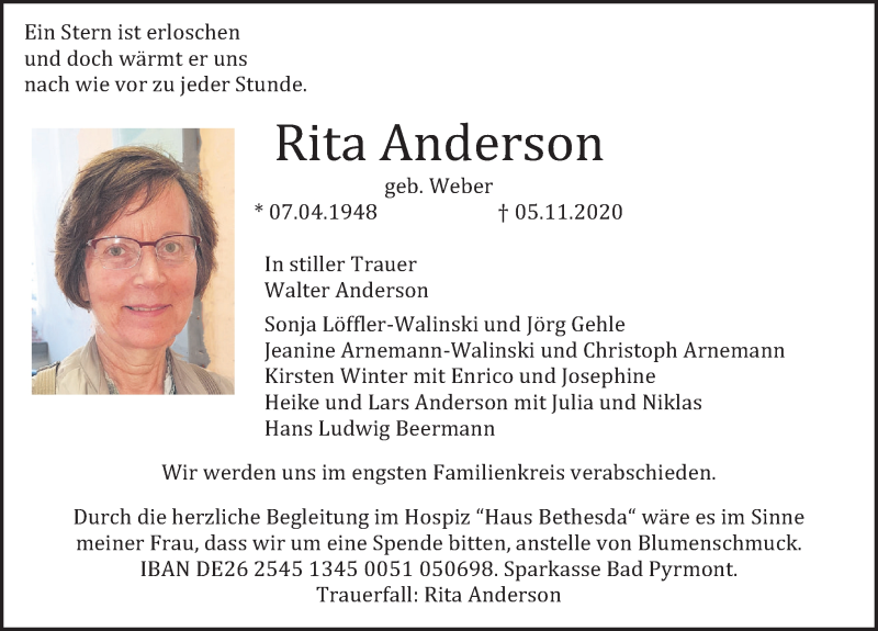  Traueranzeige für Rita Anderson vom 14.11.2020 aus Deister- und Weserzeitung