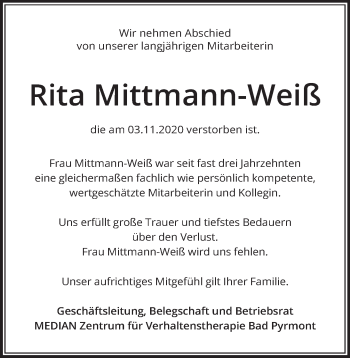 Traueranzeige von Rita Mittmann-Weiß von Deister- und Weserzeitung
