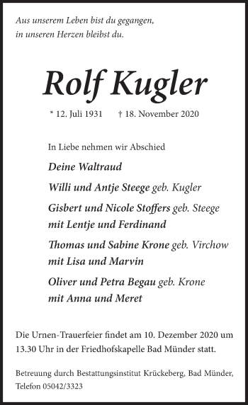 Traueranzeige von Rolf Kugler von Neue Deister-Zeitung