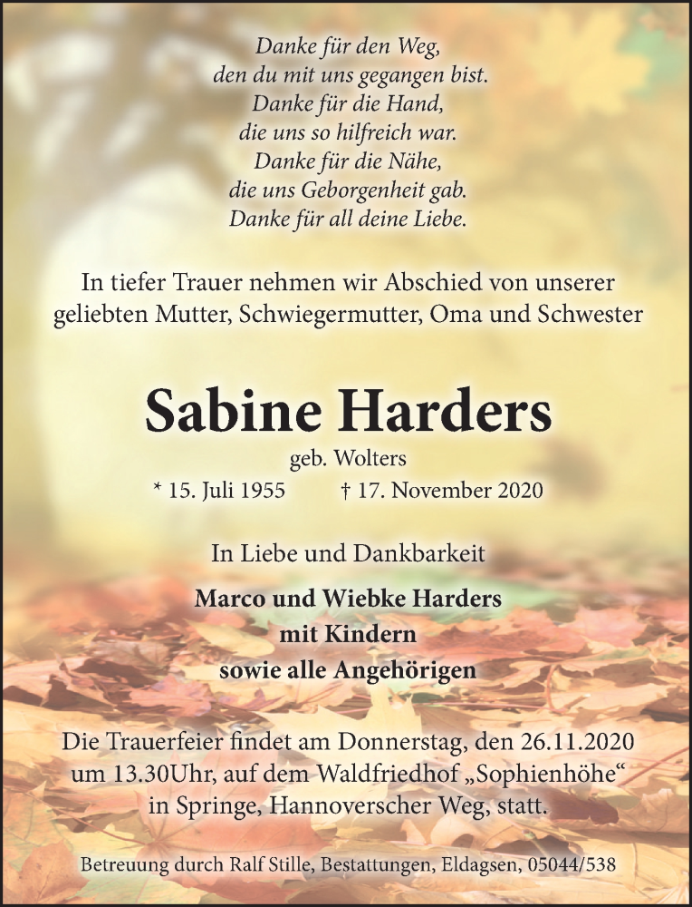  Traueranzeige für Sabine Harders vom 24.11.2020 aus Neue Deister-Zeitung