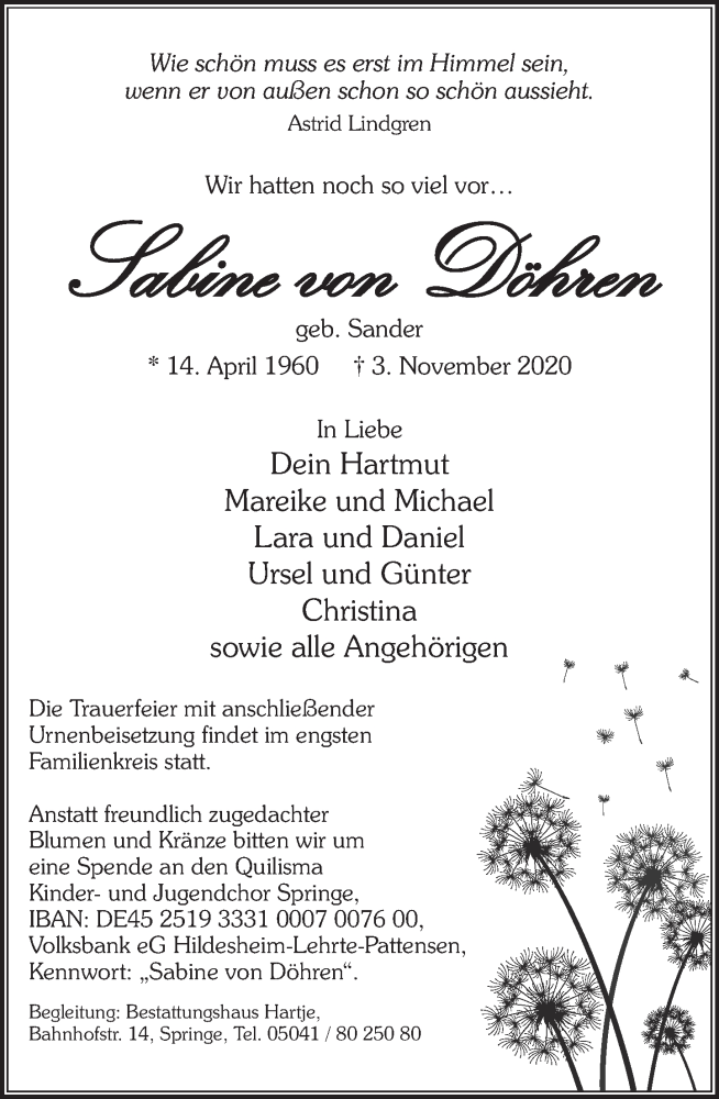  Traueranzeige für Sabine  von Döhren vom 07.11.2020 aus Neue Deister-Zeitung