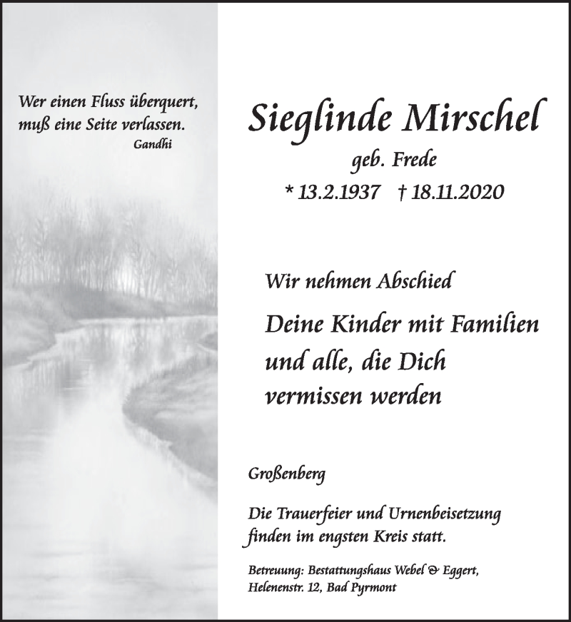  Traueranzeige für Sieglinde Mirschel vom 28.11.2020 aus Deister- und Weserzeitung