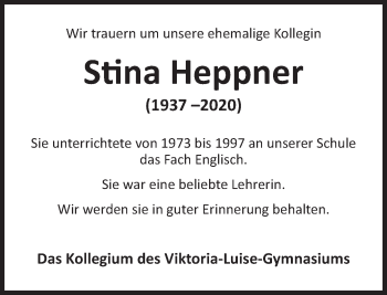 Traueranzeige von Stina Heppner von Deister- und Weserzeitung