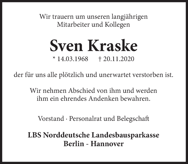  Traueranzeige für Sven Kraske vom 27.11.2020 aus Deister- und Weserzeitung