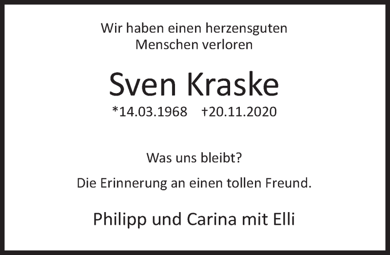  Traueranzeige für Sven Kraske vom 25.11.2020 aus Deister- und Weserzeitung