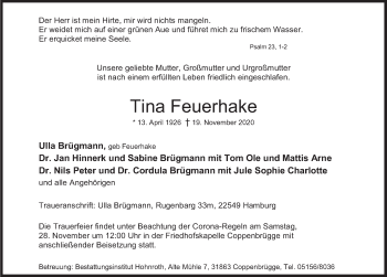 Traueranzeige von Tina Feuerhake von Deister- und Weserzeitung