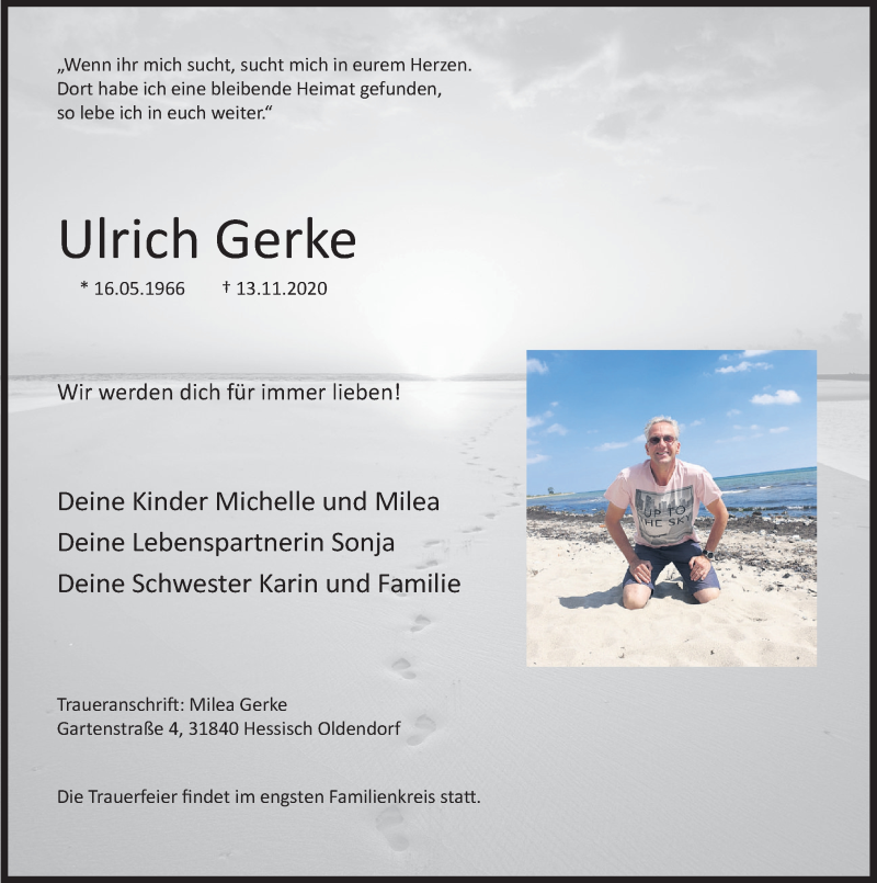  Traueranzeige für Ulrich Gerke vom 21.11.2020 aus Deister- und Weserzeitung