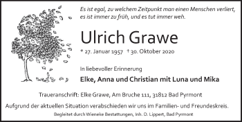 Traueranzeige von Ulrich Grawe von Deister- und Weserzeitung