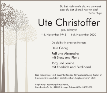 Traueranzeige von Ute Christoffer von Neue Deister-Zeitung