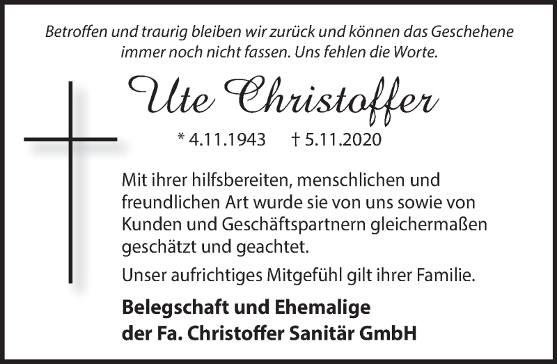  Traueranzeige für Ute Christoffer vom 11.11.2020 aus Neue Deister-Zeitung